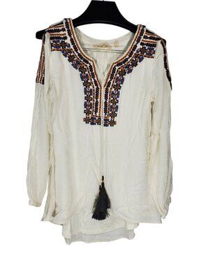 Soft Surroundings Peasant Top Blouse Women's XS White Tassels Embroidered Boho